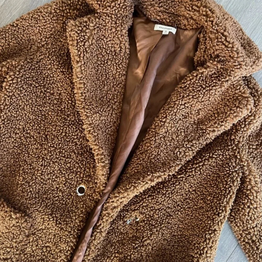 MAX STUDIO Teddy Notch Collar Faux Shearling Car Coat Size Medium - Picture 3 of 8